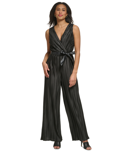 Dkny Women's Pleated Faux-leather V-neck Jumpsuit In Black
