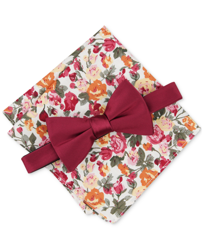 Bar Iii Men's Logan Solid Bow Tie & Floral Pocket Square Set, Created For Macy's In Burgundy