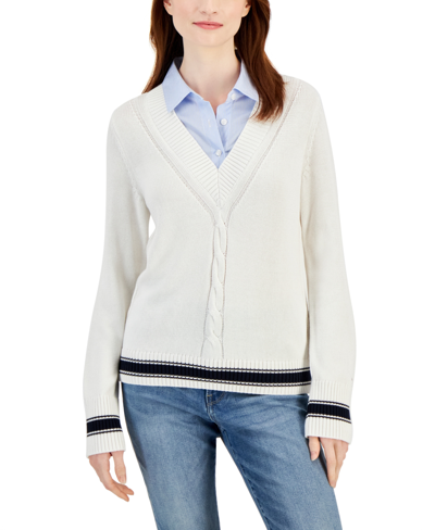 Tommy Hilfiger Women's Cable-knit Contrast-trim V-neck Sweater In Ivory,sky Captain,cornflower Blue,whi