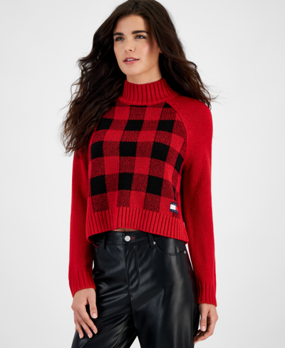 Tommy Jeans Women's Plaid-front Mock-neck Sweater In Scarlet,black