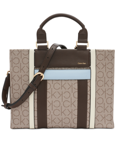 Calvin Klein Sol Signature Colorblocked Triple Compartment Convertible Crossbody In Almond Taupe,java,white,blue