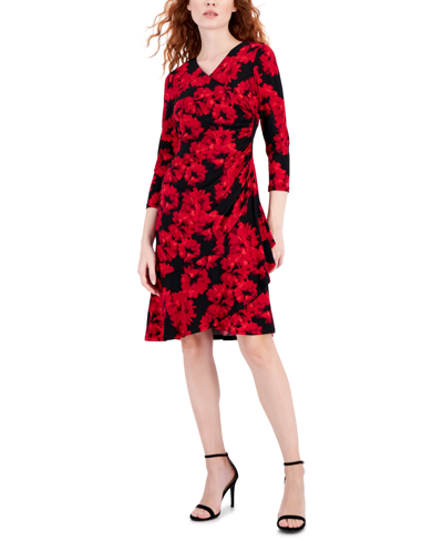 Ak Anne Klein Petite 3/4-sleeve Printed Faux-wrap Dress In Anne Black,fire Red Multi
