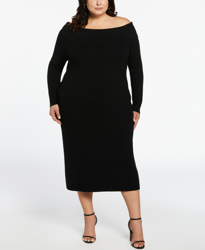 Ella Rafaella Plus Size Off-the-shoulder Long Sleeve Sweater Dress In Black