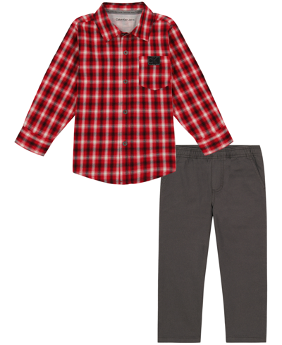 Calvin Klein Baby Boys Plaid Long Sleeve Button Front Shirt And Prewashed Twill Pants, 2 Piece Set In Red