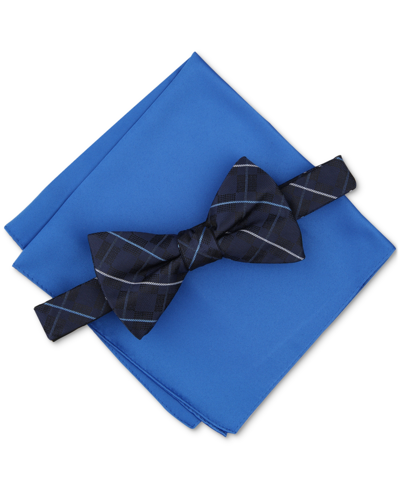 Alfani Men's Canfield Grid Bow Tie & Solid Pocket Square Set, Created For Macy's In Navy