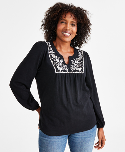 Style & Co Women's Embroidered Embellished Cotton Blouse, Created For Macy's In Deep Black