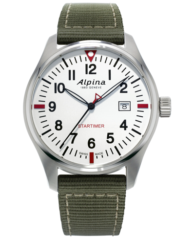 Alpina Men's Swiss Startimer Pilot Green Nylon Strap Watch 42mm In Stainless Steel
