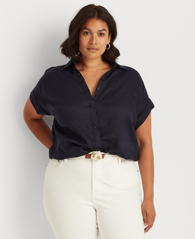 Lauren Ralph Lauren Plus Size Linen Dolman Sleeve Top In Lauren Navy