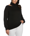 Ella Rafaella Plus Size Rib Trim Long Sleeve Cut Out Sweater In Black