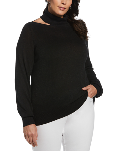 Ella Rafaella Plus Size Rib Trim Long Sleeve Cut Out Sweater In Black