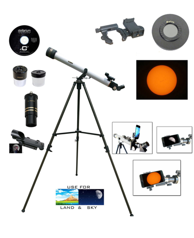 Cassini 800mm X 60mm Day And Night Telescope Kit Plus Smartphone Adapter And Solar Filter Cap In White