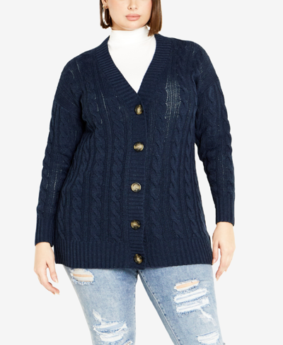 Avenue Plus Size Cara Cable V-neck Cardigan Sweater In Indigo