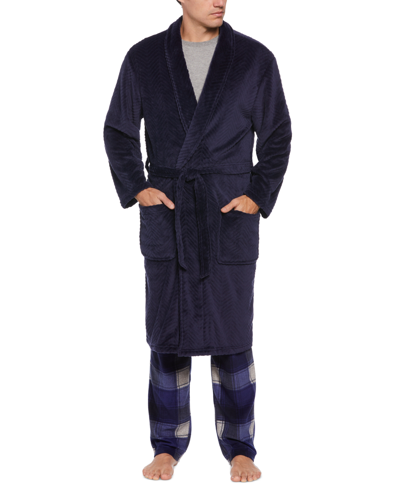 Perry Ellis Portfolio Men's Herringbone Textured Fleece Robe In Peacoat