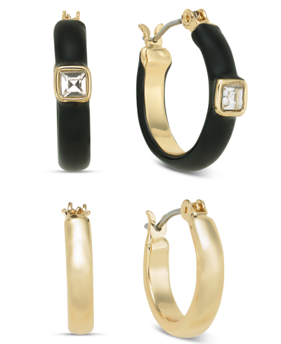 On 34th Gold-tone 2-pc. Set Small Crystal & Color Hoop Earrings, Created For Macy's In Black