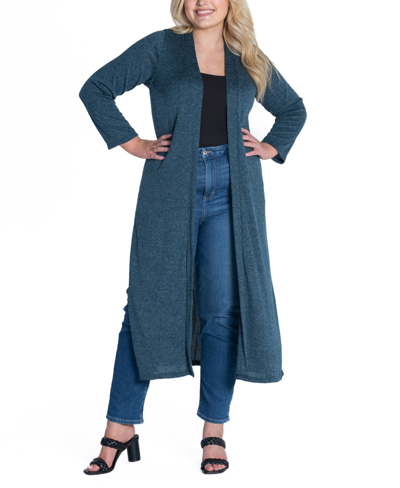 24seven Comfort Apparel Plus Size Long Duster Open Front Knit Cardigan Sweater In Teal
