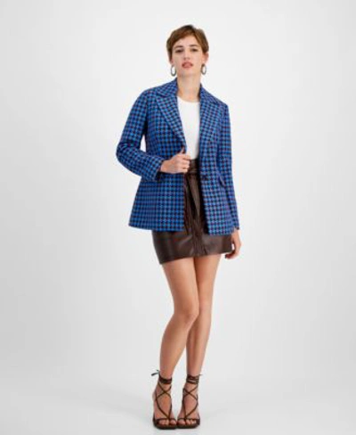 Avec Les Filles Womens Houndstooth Tweed Blazer Faux Leather Tie Waist Mini Skirt In Burgundy,blue Houndstooth