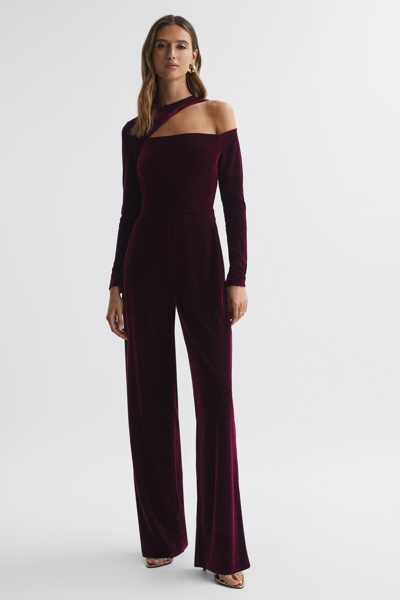 Reiss Berry Adele Velvet Off-the-shoulder Jumpsuit In Dark Red