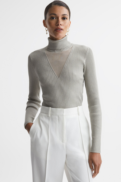 Reiss Silver Tanya Metallic Ribbed Mesh Panel Funnel Neck Top