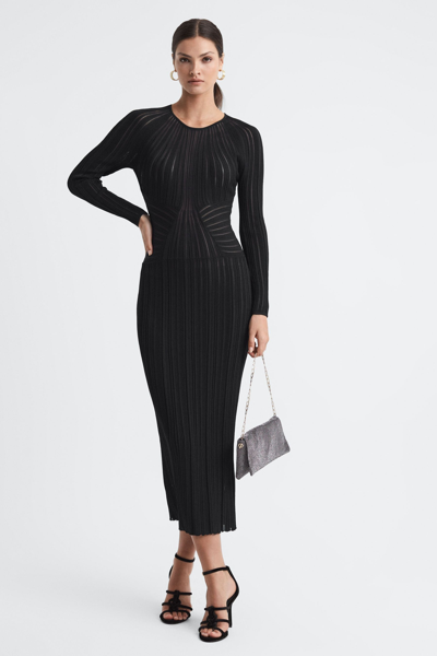 Reiss Ida - Black Sheer Striped Bodycon Midi Dress, S