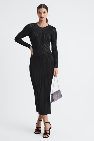 Reiss Black Ida Sheer Striped Bodycon Midi Dress | ModeSens