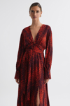 REISS MAYA - RED PETITE ANIMAL PRINT BLOUSON SLEEVE MIDI DRESS, US 6