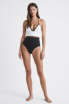 Reiss Navy Colourblock Halter Swimsuit In White/tan
