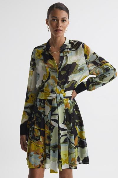 Reiss Khaki Floral Print Belted Mini Dress In Brown