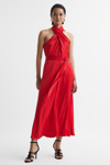 Reiss Red Satin Halter Neck Fitted Midi Dress In Red