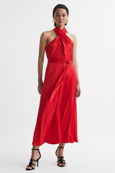 Reiss Vida - Red Satin Halter Neck Fitted Midi Dress, Us 8