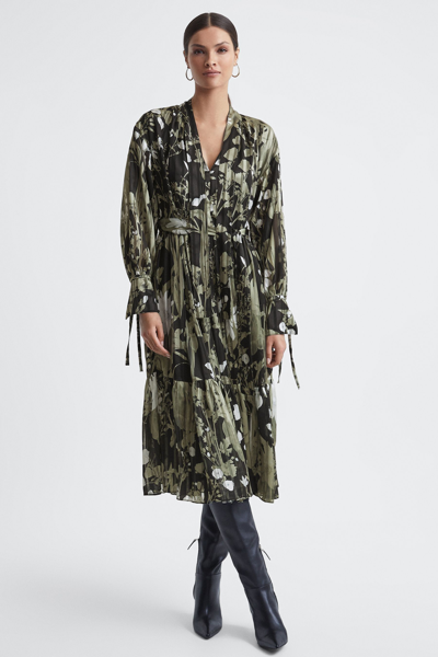 Reiss Lottie - Green Floral Print Tie Neck Midi Dress, Us 4