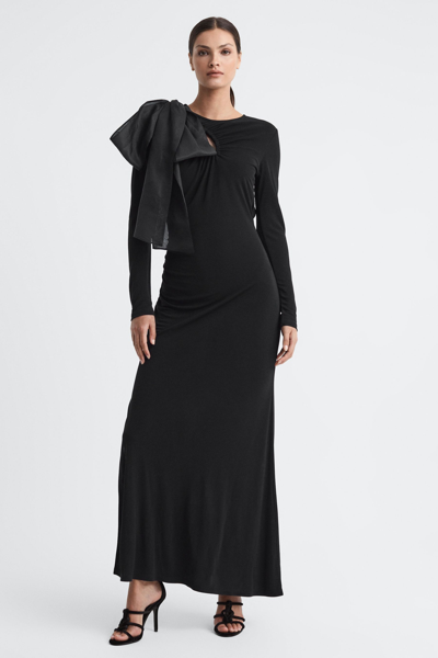 REISS SAVANNAH - BLACK BODYCON BOW MAXI DRESS, US 2