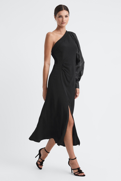 Reiss Maeve - Black One-shoulder Blouson Sleeve Midi Dress, Us 2