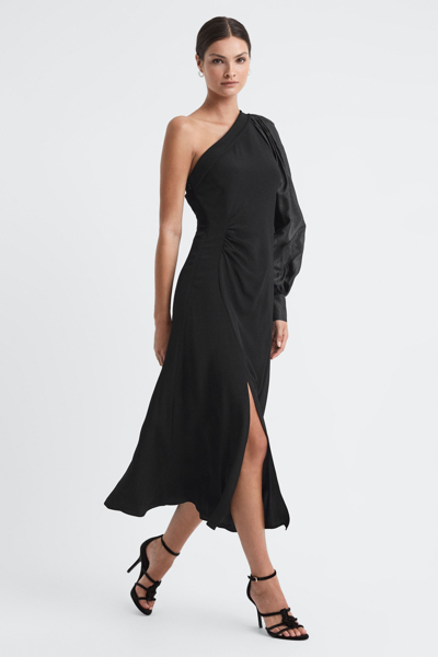 Reiss Black One-shoulder Blouson Sleeve Midi Dress