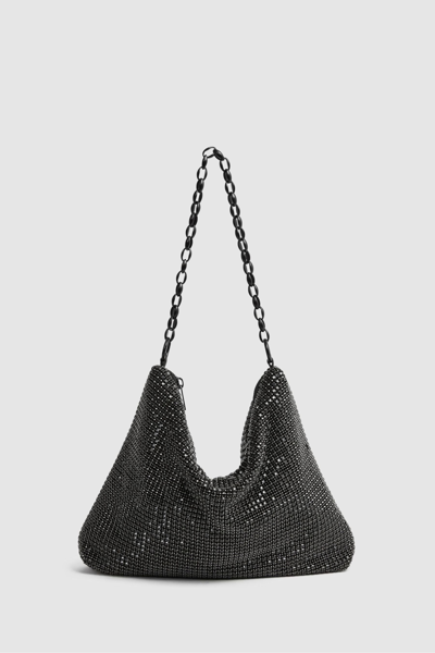 Reiss Trinity Crystal-embellished Chain-strap Woven Tote In Black