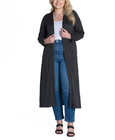24seven Comfort Apparel Plus Size Long Duster Open Front Knit Cardigan Sweater In Black