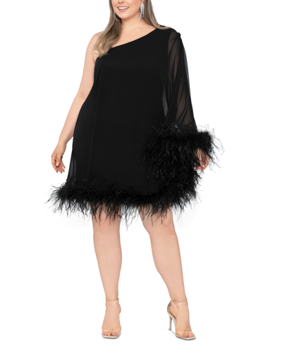 Betsy & Adam Feather Trim Single Long Sleeve Cocktail Dress In Black
