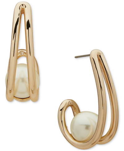 Anne Klein Gold-tone Imitation Pearl Two-row Small Hoop Earrings, 0.75" In Crystal