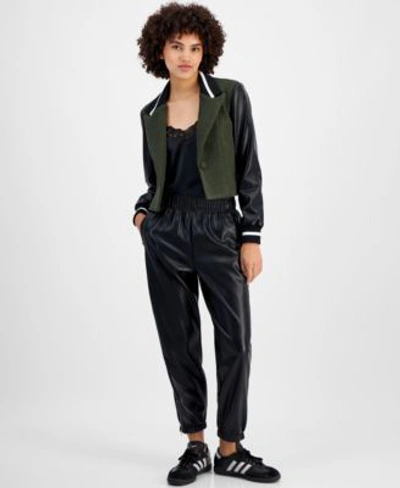 Avec Les Filles Womens Mixed Media Cropped Varsity Blazer Faux Leather Ankle Zip Jogger Pants In Olive Green