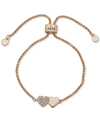 Dkny Gold-tone Pave Crystal Double Heart Slider Bracelet In White