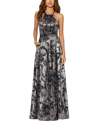 Betsy & Adam Metallic Floral Halter Gown In Navy Gunmetal