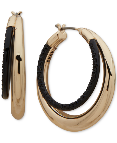 Dkny Gold-tone Black Pave Double-row Small Hoop Earrings, 0.8"