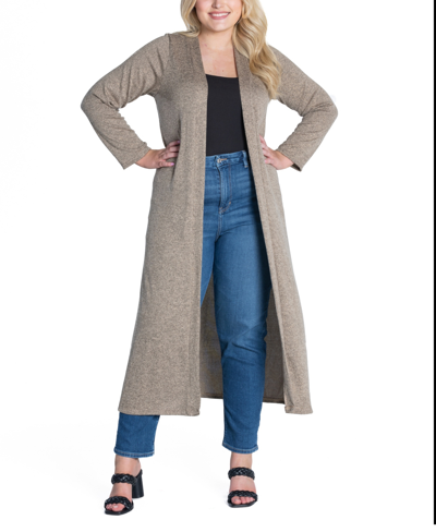 24seven Comfort Apparel Plus Size Long Duster Open Front Knit Cardigan Sweater In Taupe