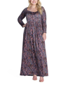 24seven Comfort Apparel Plus Size Floral Long Sleeve Pleat Maxi Dress In Purple Multi