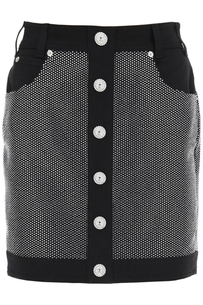 BALMAIN RHINESTONE-STUDDED DENIM MINI SKIRT