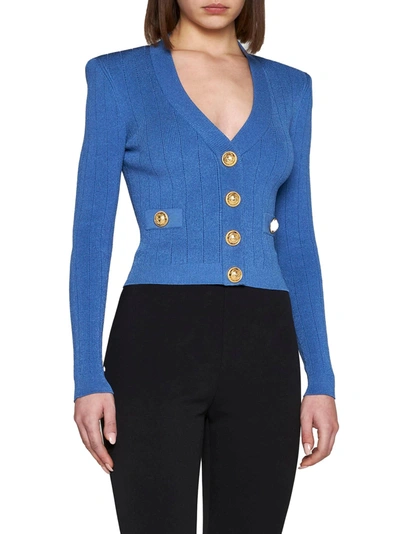 Balmain Button-front Ribbed Knit Cardigan In Bleu Denim