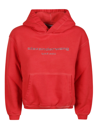 Alexander Wang Glitter Logo-print Cotton Hoodie In A Fiery Red Combo