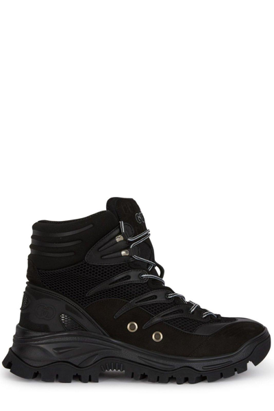 Gucci Mesh Panelled Lace-up Boots In Black