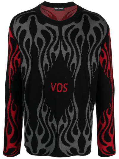 VISION OF SUPER BLACK JUMPER WITH RED AND GREY JACQUARD LOGO AND FLAMES
