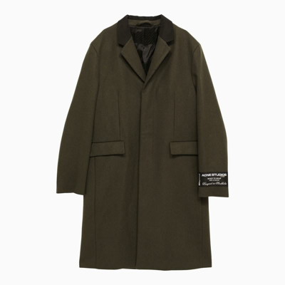 Acne Studios Wool Blend Single-breasted Coat With Logoed Patch In Green