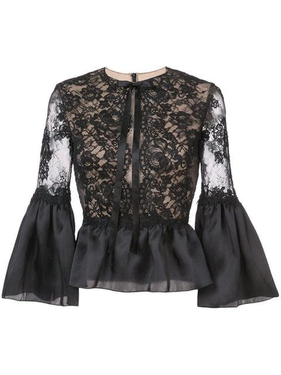 Marchesa Peplum Top With Bell Sleeves In Black